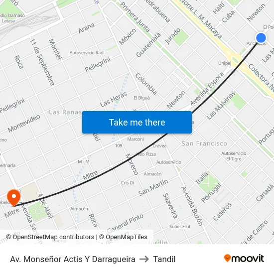 Av. Monseñor Actis Y Darragueira to Tandil map