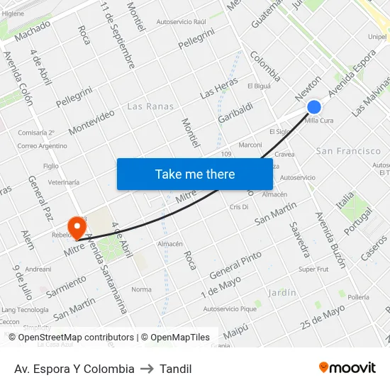 Av. Espora Y Colombia to Tandil map