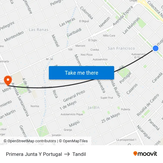 Primera Junta Y Portugal to Tandil map