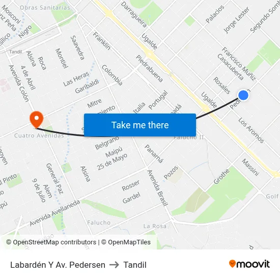 Labardén Y Av. Pedersen to Tandil map
