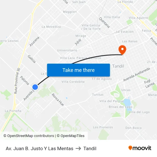 Av. Juan B. Justo Y Las Mentas to Tandil map