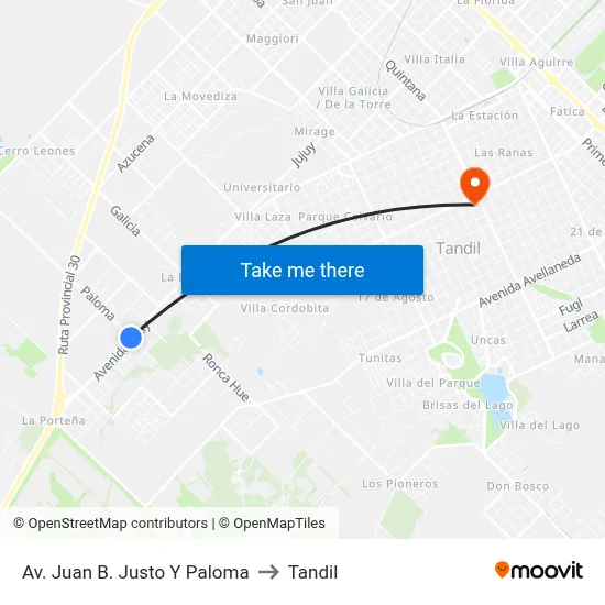 Av. Juan B. Justo Y Paloma to Tandil map