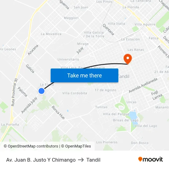 Av. Juan B. Justo Y Chimango to Tandil map
