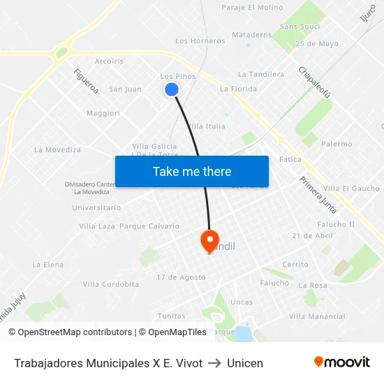Trabajadores Municipales X E. Vivot to Unicen map