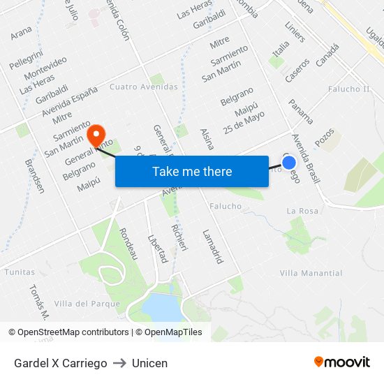 Gardel X Carriego to Unicen map