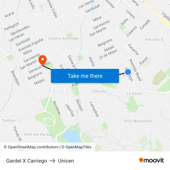 Gardel X Carriego to Unicen map