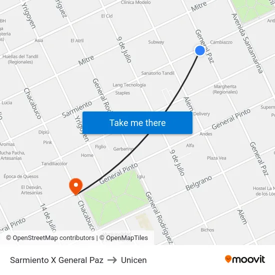 Sarmiento X General Paz to Unicen map