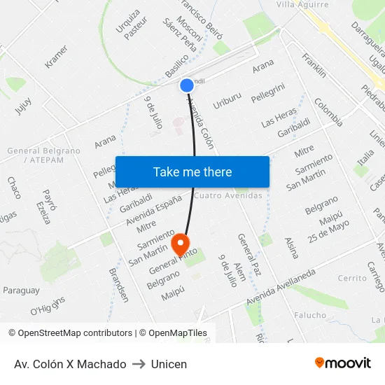 Av. Colón X Machado to Unicen map