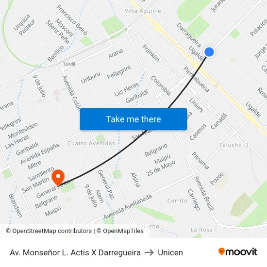 Av. Monseñor L. Actis X Darregueira to Unicen map