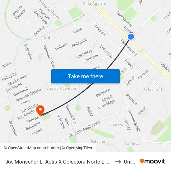 Av. Monseñor L. Actis X Colectora Norte L. M. Macaya to Unicen map