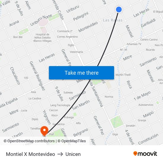 Montiel X Montevideo to Unicen map