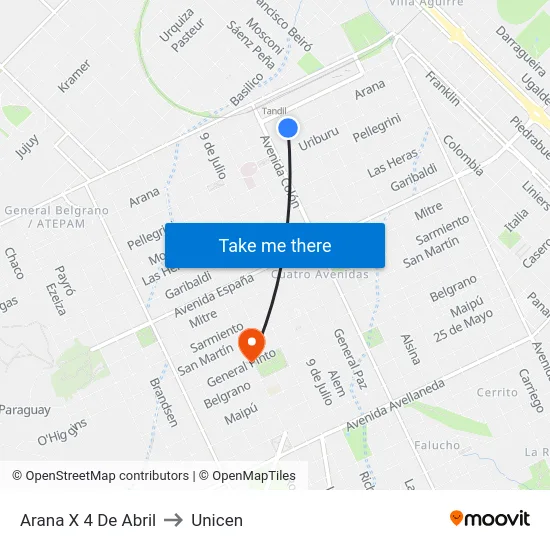 Arana X 4 De Abril to Unicen map