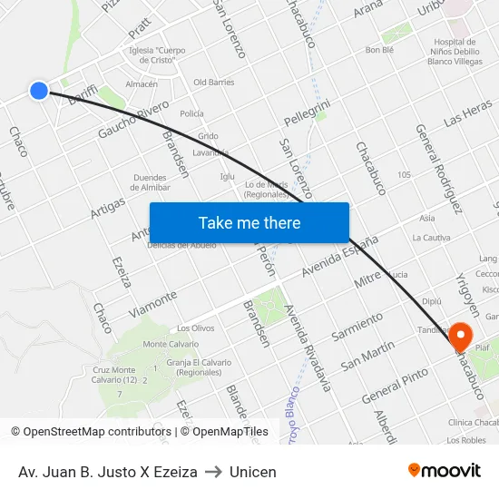 Av. Juan B. Justo X Ezeiza to Unicen map
