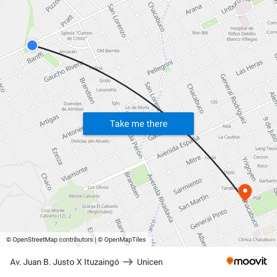 Av. Juan B. Justo X Ituzaingó to Unicen map