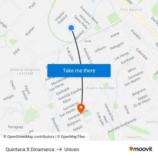 Quintana X Dinamarca to Unicen map