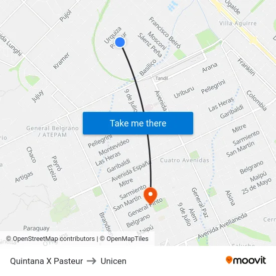 Quintana X Pasteur to Unicen map