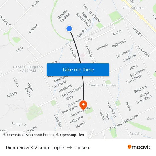 Dinamarca X Vicente López to Unicen map