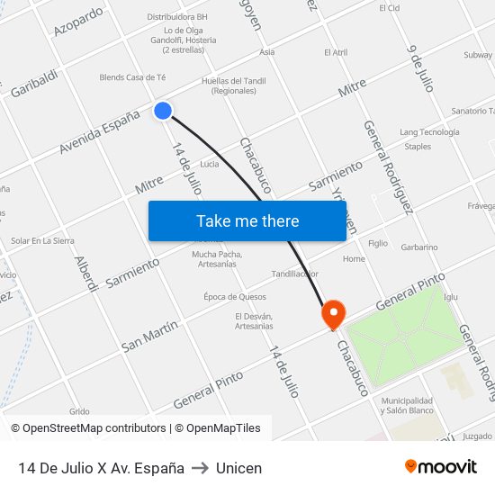 14 De Julio X Av. España to Unicen map