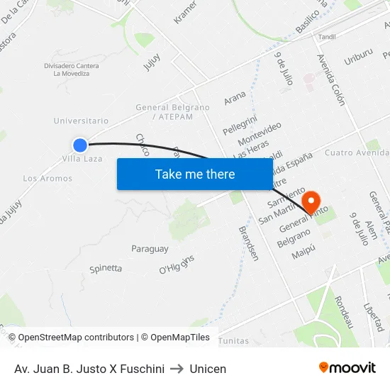 Av. Juan B. Justo X Fuschini to Unicen map