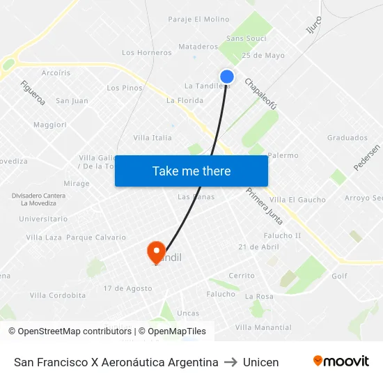 San Francisco X Aeronáutica Argentina to Unicen map