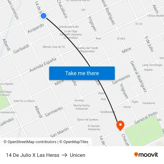 14 De Julio X Las Heras to Unicen map