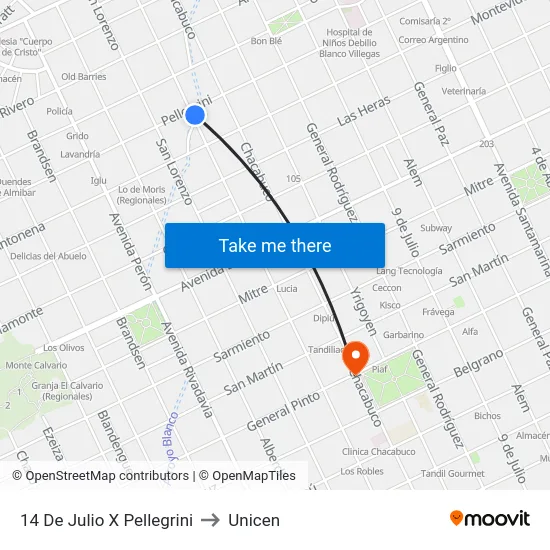 14 De Julio X Pellegrini to Unicen map