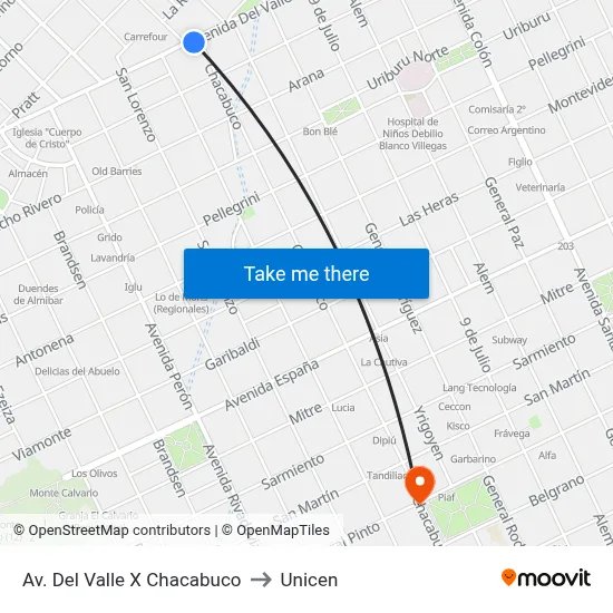 Av. Del Valle X Chacabuco to Unicen map