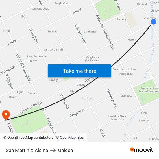 San Martín X Alsina to Unicen map