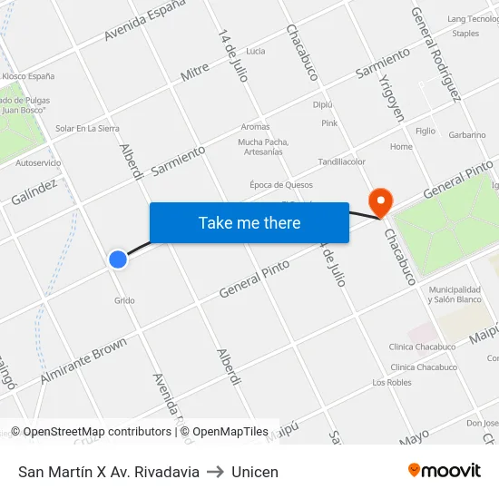 San Martín X Av. Rivadavia to Unicen map