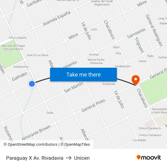 Paraguay X Av. Rivadavia to Unicen map