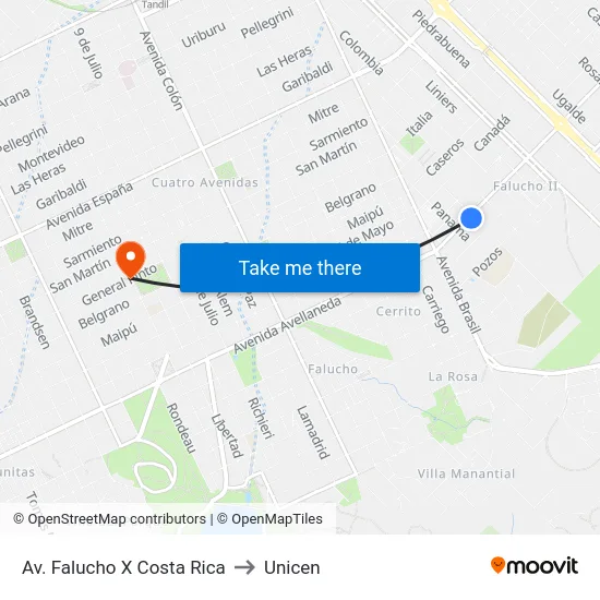 Av. Falucho X Costa Rica to Unicen map