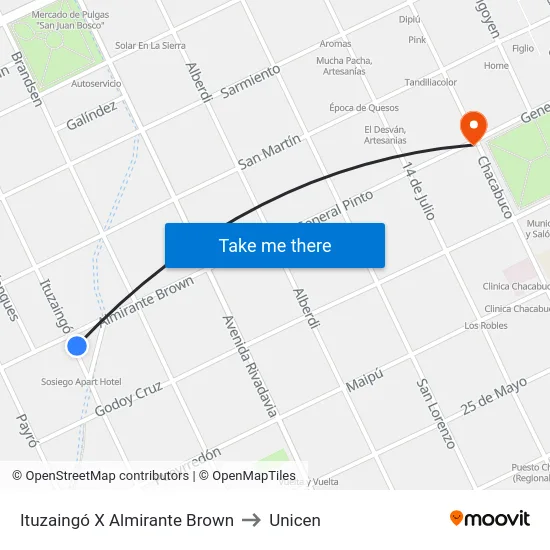 Ituzaingó X Almirante Brown to Unicen map