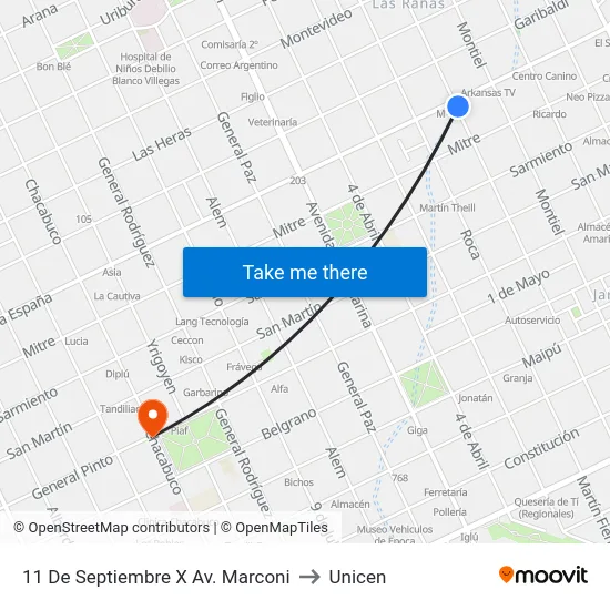 11 De Septiembre X Av. Marconi to Unicen map