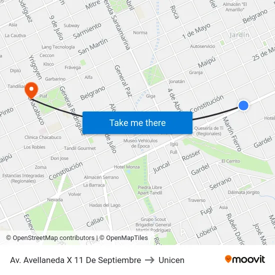 Av. Avellaneda X 11 De Septiembre to Unicen map