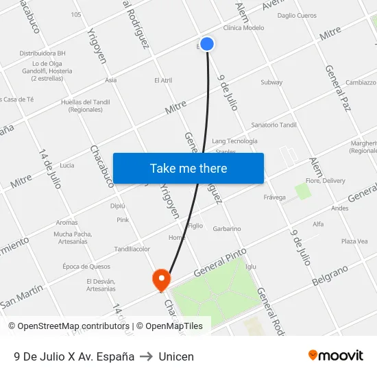 9 De Julio X Av. España to Unicen map