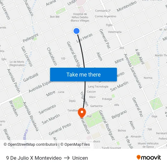 9 De Julio X Montevideo to Unicen map