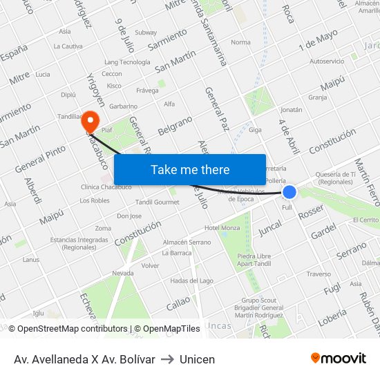 Av. Avellaneda X Av. Bolívar to Unicen map