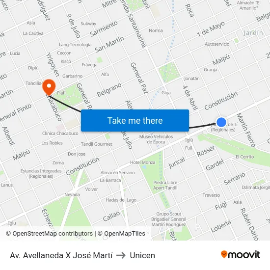 Av. Avellaneda X José Martí to Unicen map