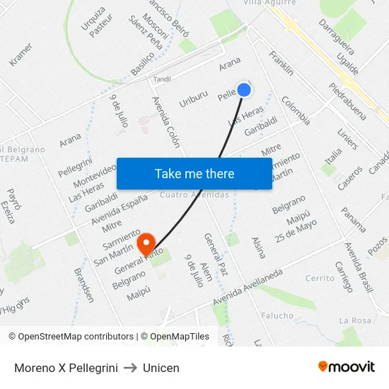Moreno X Pellegrini to Unicen map