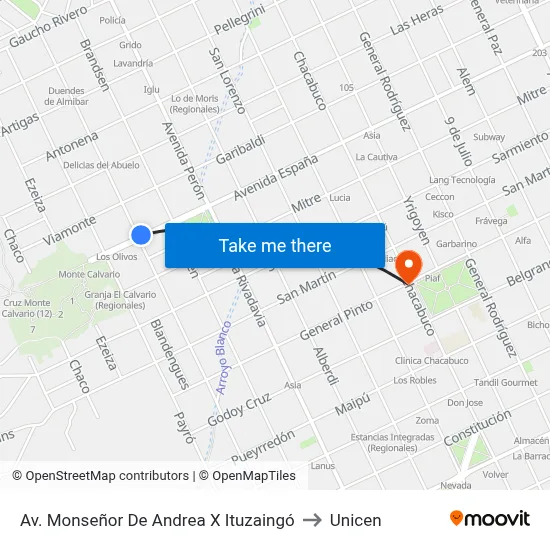 Av. Monseñor De Andrea X Ituzaingó to Unicen map
