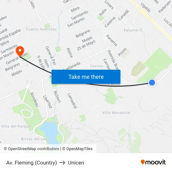 Av. Fleming (Country) to Unicen map