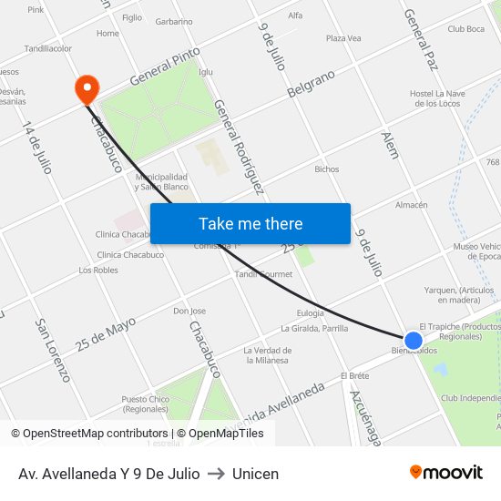 Av. Avellaneda Y 9 De Julio to Unicen map