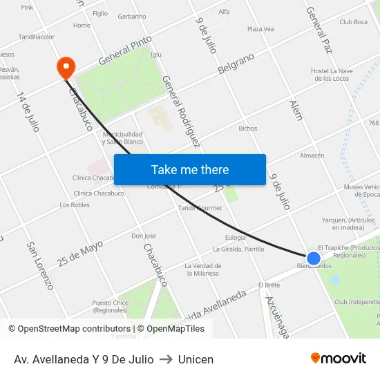 Av. Avellaneda Y 9 De Julio to Unicen map