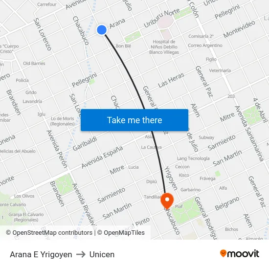 Arana E Yrigoyen to Unicen map