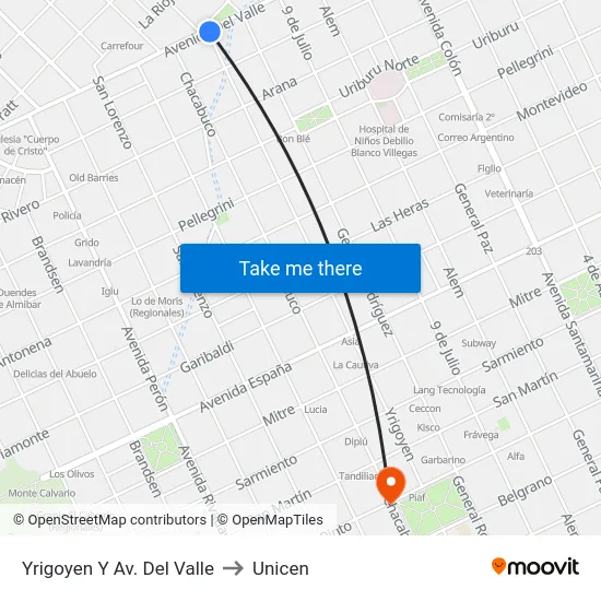 Yrigoyen Y Av. Del Valle to Unicen map