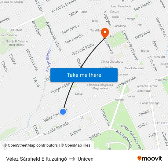 Vélez Sársfield E Ituzaingó to Unicen map