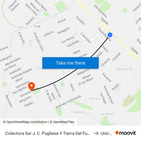 Colectora Sur J. C. Pugliese Y Tierra Del Fuego to Unicen map
