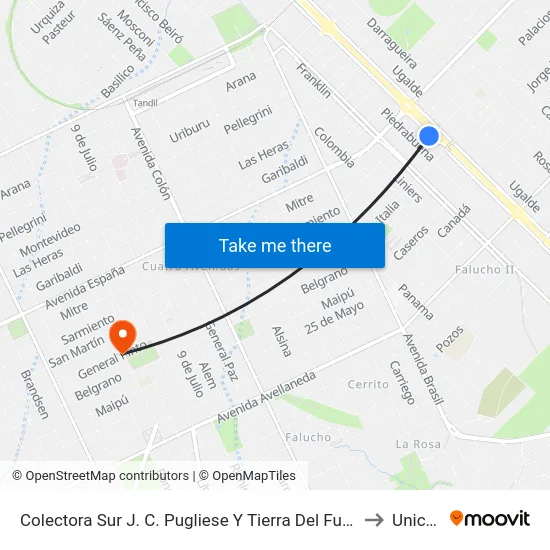 Colectora Sur J. C. Pugliese Y Tierra Del Fuego to Unicen map