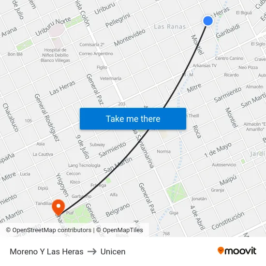 Moreno Y Las Heras to Unicen map