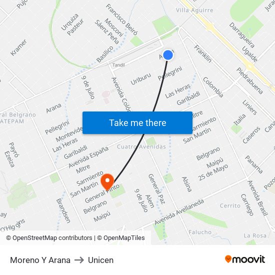 Moreno Y Arana to Unicen map